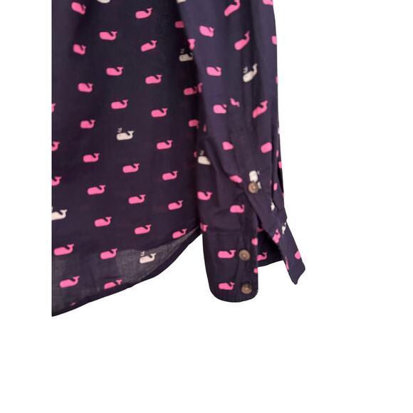 Merona Button Down Shirt Womens Medium‎ Navy Blue Long Sleeve Whale Printed - Picture 2 of 8